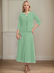 Separates A-line Scoop Tea-Length Chiffon Mother of the Bride Dress With Sequins Beading