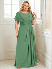 A-line Scoop Floor-Length Chiffon Mother of the Bride Dress With Pleated Beading