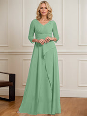 A-line V-Neck Floor-Length Chiffon Mother of the Bride Dress With Pleated Beading
