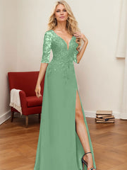 A-Line V-Neck 1/2 Sleeves Floor-Length Chiffon Mother Of The Bride Dresses With Lace