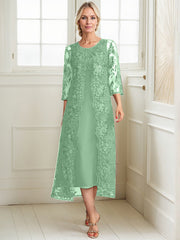 A-line Scoop Tea-Length Lace Chiffon Mother of the Bride Dress
