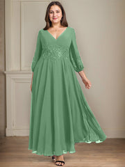 A-line V-Neck Ankle-Length Lace Chiffon Mother of the Bride Dress With Sequins