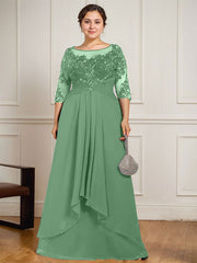 A-line Scoop Illusion Floor-Length Lace Chiffon Mother of the Bride Dress With Cascading Ruffles