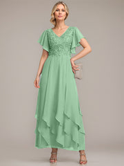 A-line V-Neck Ankle-Length Lace Chiffon Mother of the Bride Dress With Cascading Ruffles