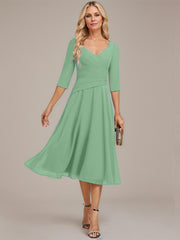A-line V-Neck Tea-Length Chiffon Mother of the Bride Dress With Pleated