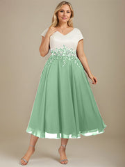A-line V-Neck Tea-Length Satin Chiffon Mother of the Bride Dress With Appliques Lace