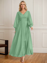 A-line V-Neck Ankle-Length Chiffon Mother of the Bride Dress With Cascading Ruffles Beading Sequins