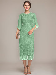 Sheath/Column Scoop Tea-Length Lace Chiffon Mother of the Bride Dress