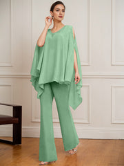 Separates Jumpsuit/Pantsuit V-Neck Floor-Length Chiffon Mother of the Bride Dress With Beading