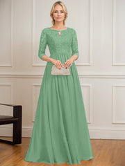 A-line Scoop Floor-Length Lace Chiffon Mother of the Bride Dress With Crystal Brooch Sequins