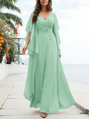 A-Line V-Neck Floor-Length Chiffon Mother Of The Bride Dresses With Appliques Lace