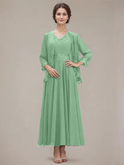 A-line V-Neck Ankle-Length Chiffon Mother of the Bride Dress With Sequins Appliques Lace Beading