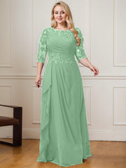 A-line Scoop Floor-Length Lace Chiffon Mother of the Bride Dress With Cascading Ruffles Sequins