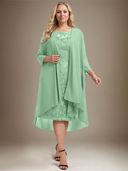 Sheath/Column Scoop Illusion Knee-Length Lace Chiffon Mother of the Bride Dress With Cascading Ruffles Sequins