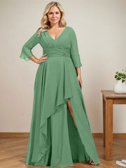 A-line V-Neck Floor-Length Chiffon Mother of the Bride Dress With Cascading Ruffles