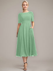A-line Scoop Tea-Length Chiffon Mother of the Bride Dress With Appliques Lace Sequins