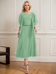 A-line Scoop Tea-Length Lace Chiffon Mother of the Bride Dress With Sequins