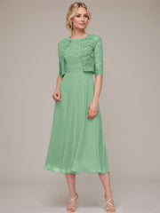 A-line/Princess Scoop Tea-Length Chiffon Mother of the Bride Dress With Lace Jacket