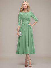 A-line Scoop Illusion Tea-Length Chiffon Lace Mother of the Bride Dress With Sequins Beading