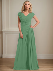 A-line V-Neck Floor-Length Chiffon Mother of the Bride Dress With Pleated Sequins Beading