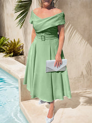 A-Line Off-The-Shoulder Tea-Length Chiffon Mother Of The Bride Dresses With Beading