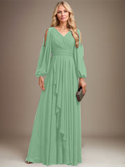 A-line Cold Shoulder V-Neck Floor-Length Chiffon Mother of the Bride Dress With Cascading Ruffles Beading
