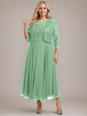 A-line Boat Neck Illusion Tea-Length Lace Chiffon Mother of the Bride Dress With Sequins