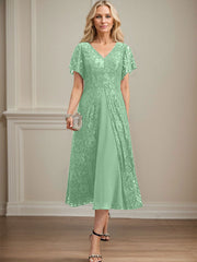 A-line V-Neck Tea-Length Lace Chiffon Mother of the Bride Dress