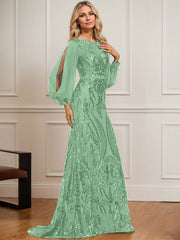 Trumpet/Mermaid Boat Neck Illusion Sweep Train Chiffon Sequin Evening Dress