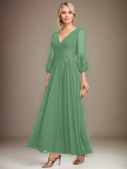 A-line V-Neck Ankle-Length Lace Chiffon Mother of the Bride Dress With Sequins