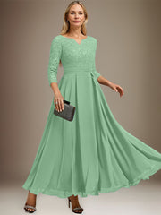 A-line V-Neck Ankle-Length Chiffon Lace Mother of the Bride Dress With Rhinestone