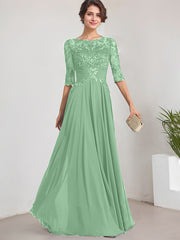 A-line Scoop Illusion Floor-Length Lace Chiffon Mother of the Bride Dress With Pleated Sequins