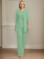 Jumpsuit/Pantsuit Separates Scoop Floor-Length Chiffon Lace Mother of the Bride Dress With Sequins