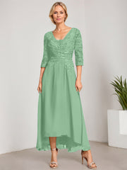 A-line V-Neck Asymmetrical Chiffon Lace Mother of the Bride Dress With Pleated Beading