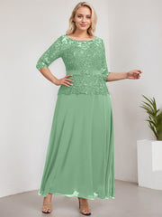 A-line Scoop Illusion Ankle-Length Chiffon Lace Mother of the Bride Dress With Rhinestone Beading