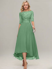 A-line Illusion Boat Neck Asymmetrical Chiffon Lace Mother of the Bride Dress With Sequins Beading