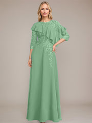 A-line Scoop Illusion Floor-Length Chiffon Lace Mother of the Bride Dress With Ruffle Sequins Beading