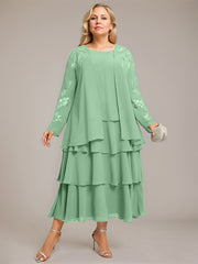 A-line Scoop Tea-Length Chiffon Mother of the Bride Dress With Cascading Ruffles