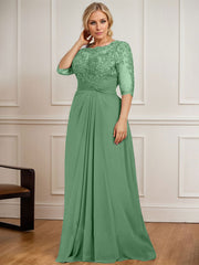 A-line Scoop Illusion Floor-Length Chiffon Lace Mother of the Bride Dress With Pleated Sequins Beading
