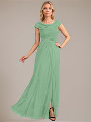A-line Scoop Floor-Length Mesh Mother of the Bride Dress With Pleated Beading