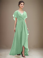 A-line V-Neck Asymmetrical Chiffon Mother of the Bride Dress With Sequins Beading Cascading Ruffles