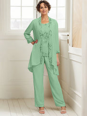 Elegant Appliques 3 Pieces Chiffon Mother of The Bride Jumpsuit with Wrap