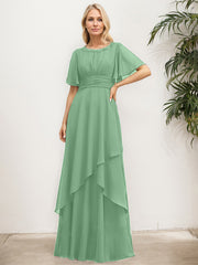 A-line Scoop Floor-Length Chiffon Mother of the Bride Dress With Pleated Sequins Beading