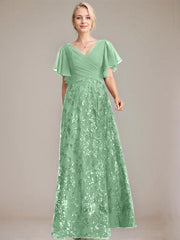 A-line V-Neck Floor-Length Lace Sequin Chiffon Mother of the Bride Dress With Pleated