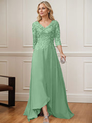 A-Line V-Neck 3/4 Sleeves Chiffon Mother Of The Bride Dresses With Lace
