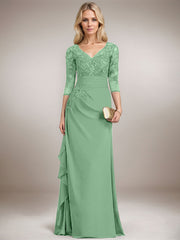 A-line V-Neck Floor-Length Lace Chiffon Mother of the Bride Dress With Cascading Ruffles