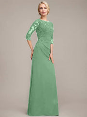 A-line Scoop Floor-Length Chiffon Lace Mother of the Bride Dress With Sequins Beading Pleated