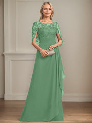 A-line Scoop Illusion Floor-Length Lace Chiffon Mother of the Bride Dress With Cascading Ruffles Sequins