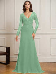 Sheath/Column V-Neck Detachable Sweep Train Lace Tulle Chiffon Mother of the Bride Dress With Sequins