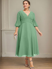 A-line V-Neck Tea-Length Chiffon Mother of the Bride Dress With Pleated